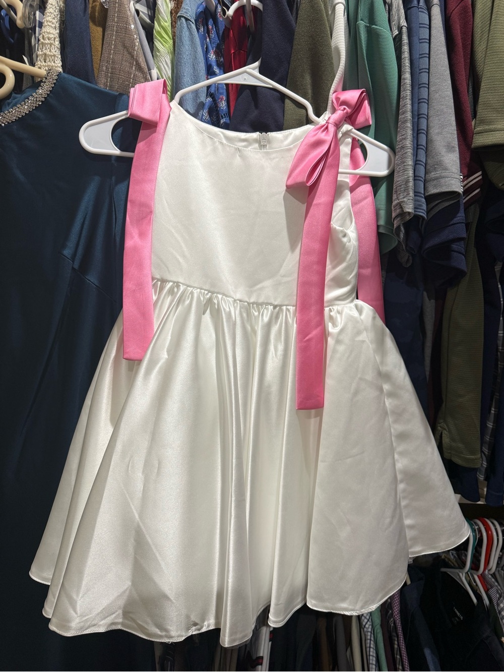 Flower Girl White Satin Dress with Pink Shoulder Ties